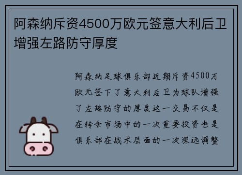 阿森纳斥资4500万欧元签意大利后卫增强左路防守厚度