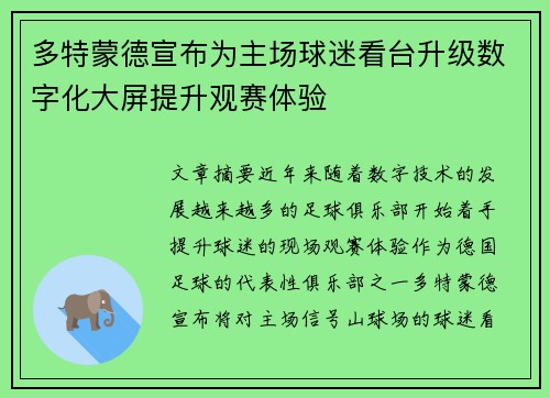 多特蒙德宣布为主场球迷看台升级数字化大屏提升观赛体验